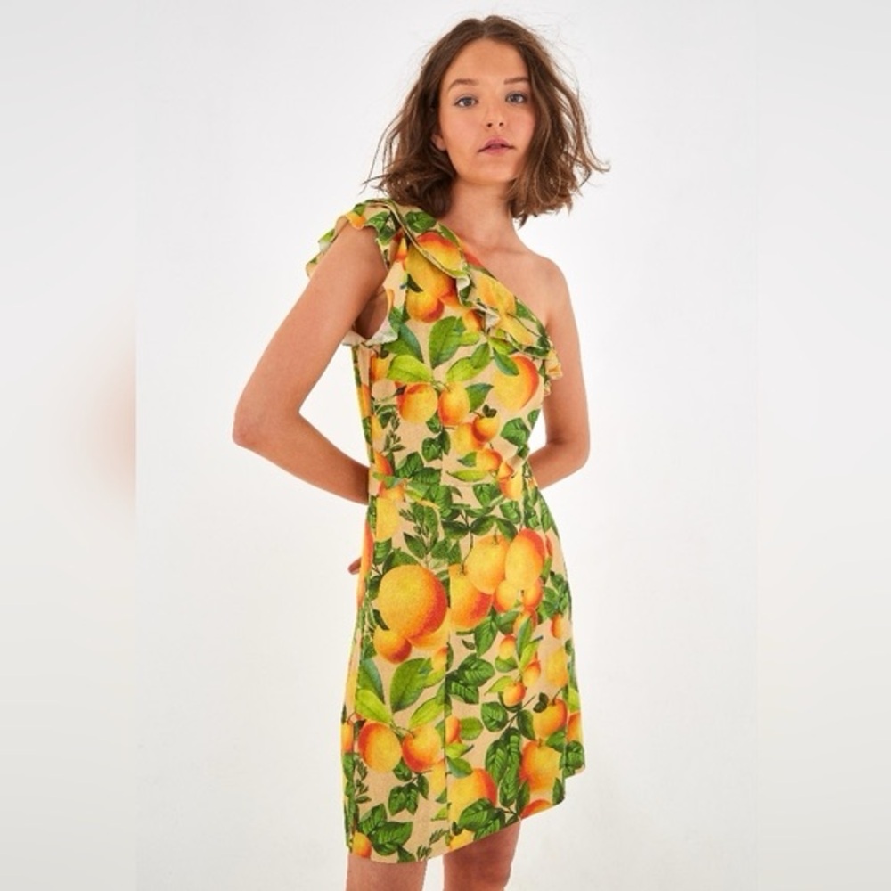 Farm Rio orange sands one shoulder mini dress linen small nwt